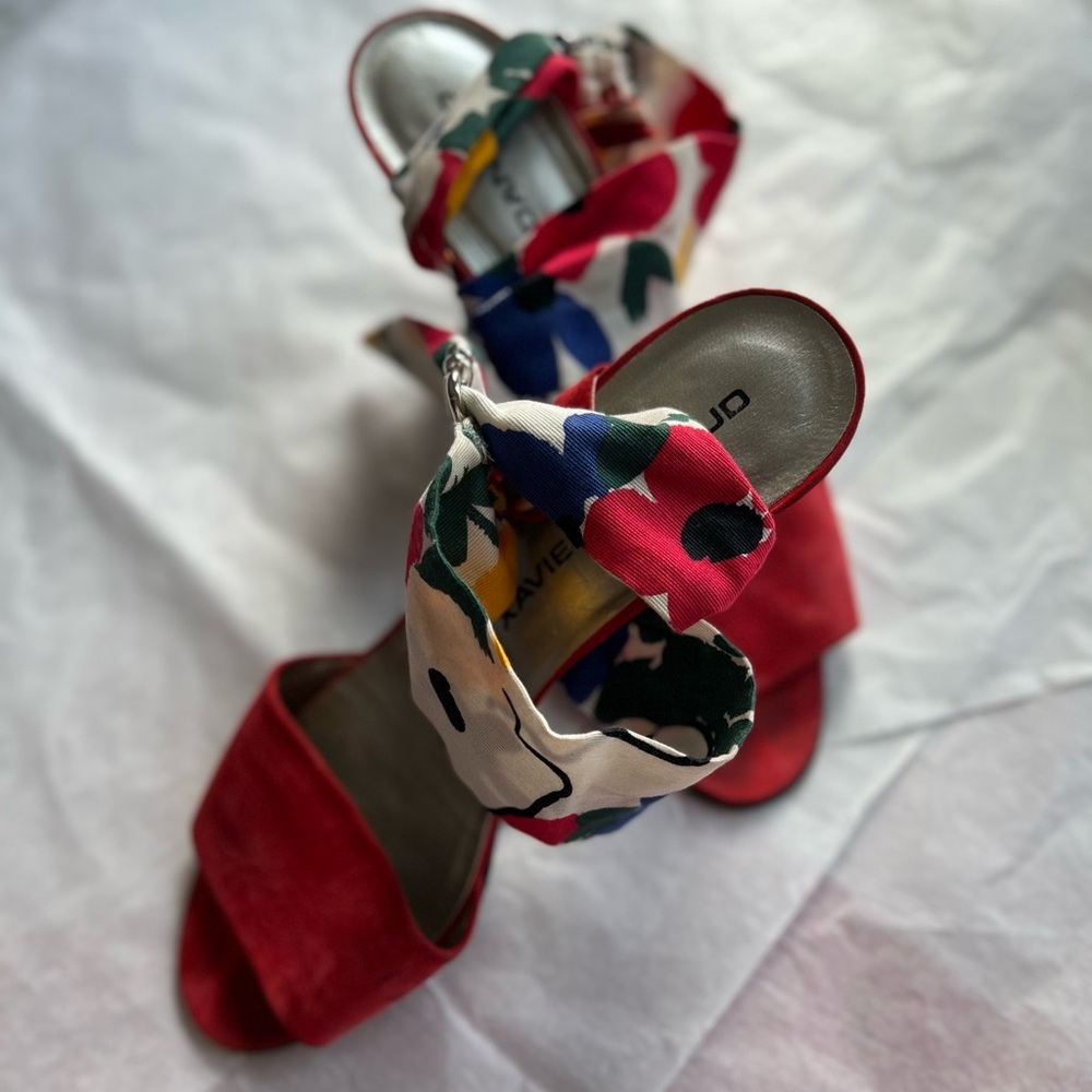 VTG 80s Xavier Denaud red suede heels scarf strap sz 8 Paris Made in Spain - Picture 2 of 14